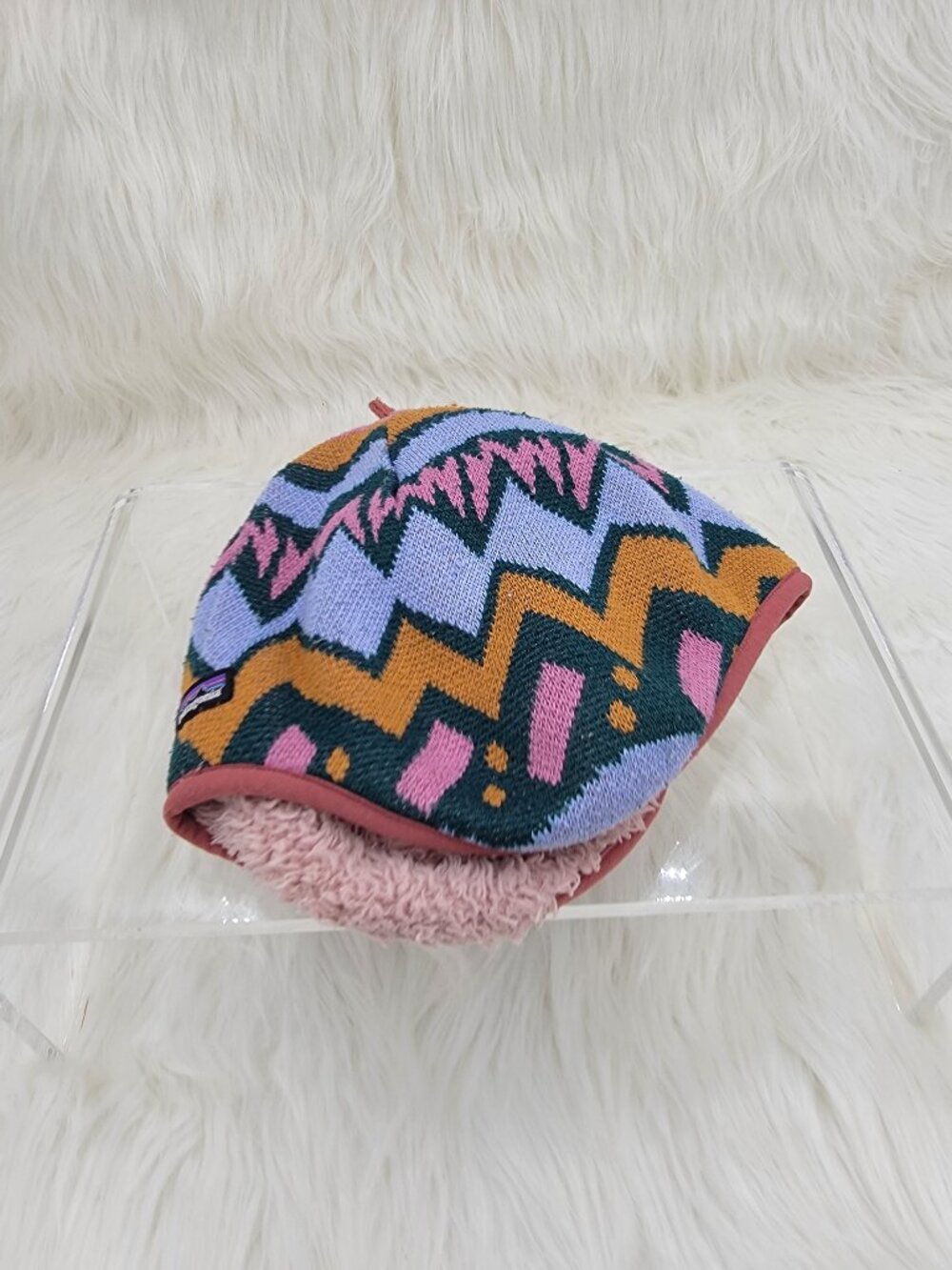 Patagonia Baby Reversible Beanie Geometric Zigzag Knit Fleece Lining Hat Pink